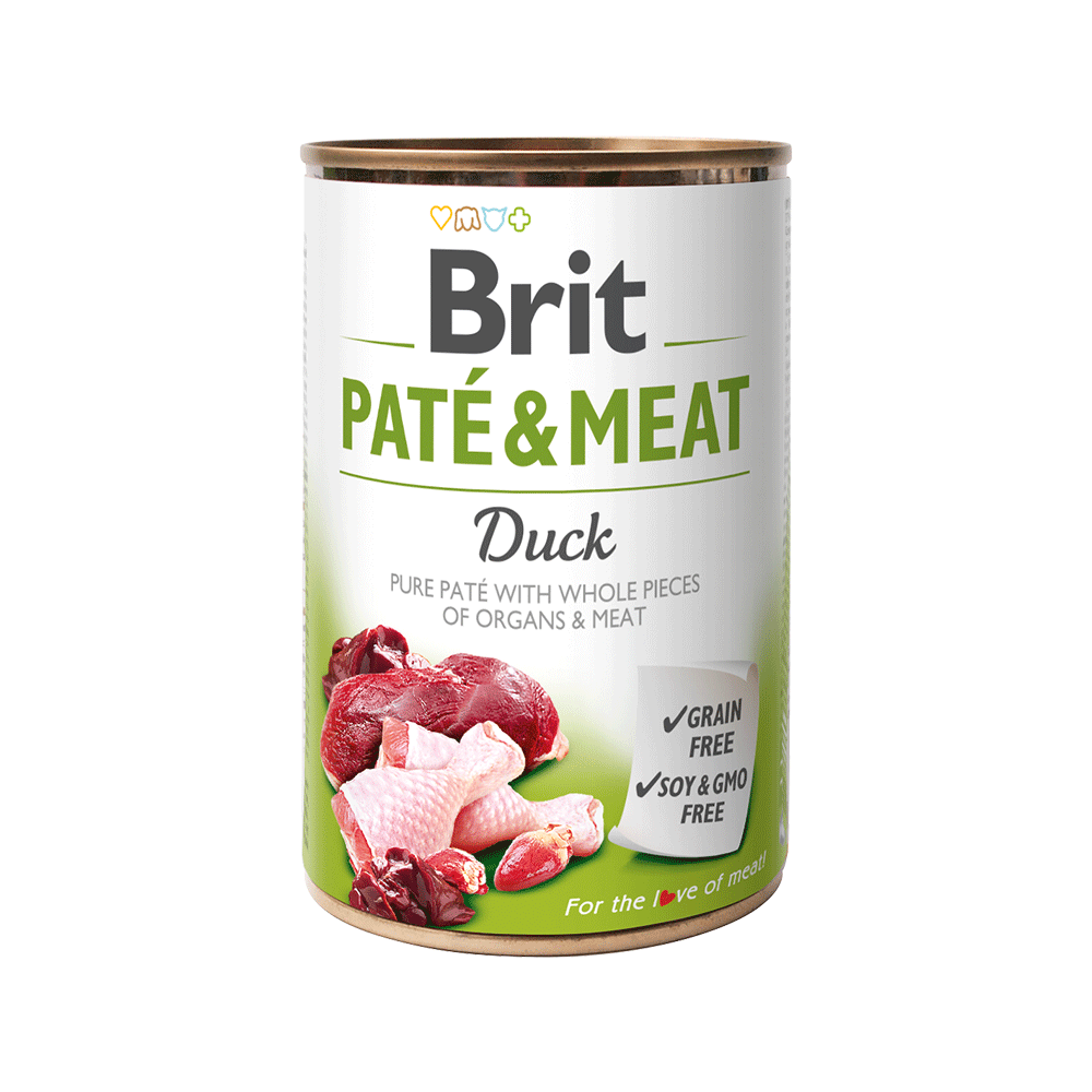 Vista frontal de la lata Brit Care Paté & Meat Duck 400g.
