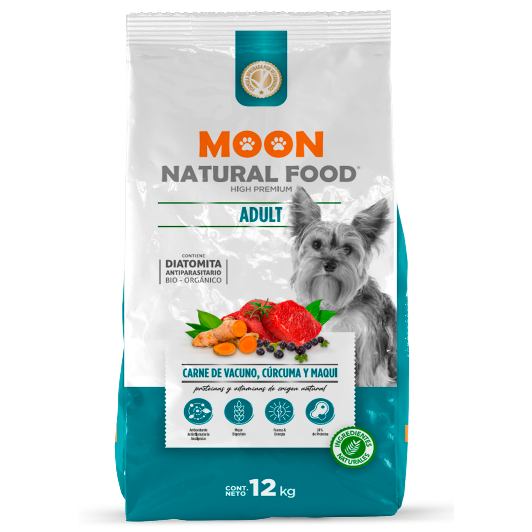 Saco de alimento MOON Natural Food Adulto sabor vacuno en formatos 12kg y 3kg, high premium 24% proteína para perros adultos.