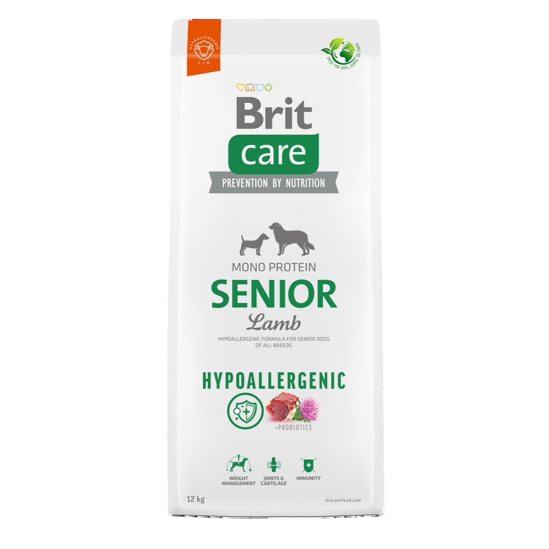alimento hipoalergénico con cordero y arroz para perros mayores (+7 años). Fórmula que previene alergias, mejora la digestión y refuerza el sistema inmunitario con probióticos y antioxidantes.
