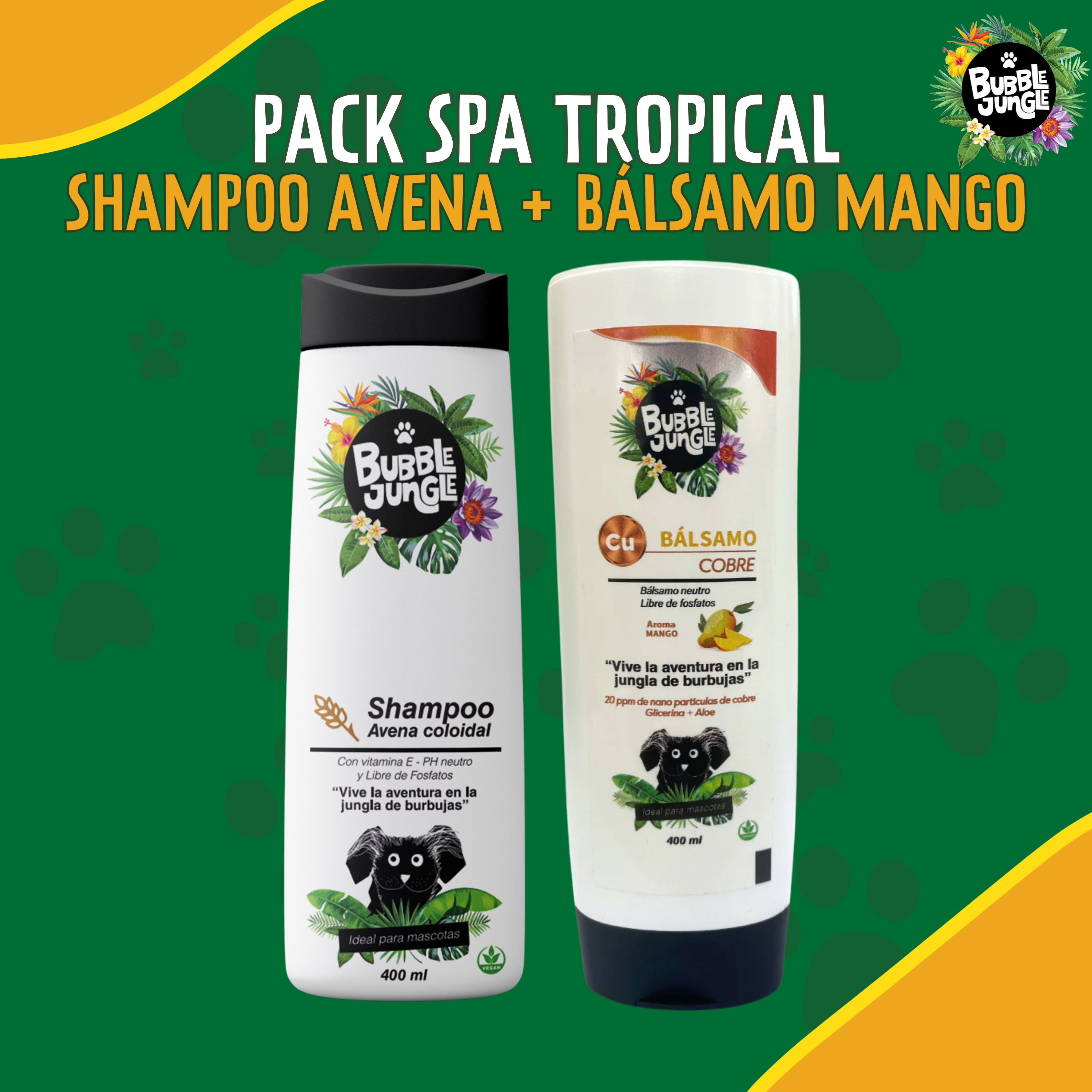 Pack Spa Tropical para mascotas con shampoo de avena y bálsamo de mango