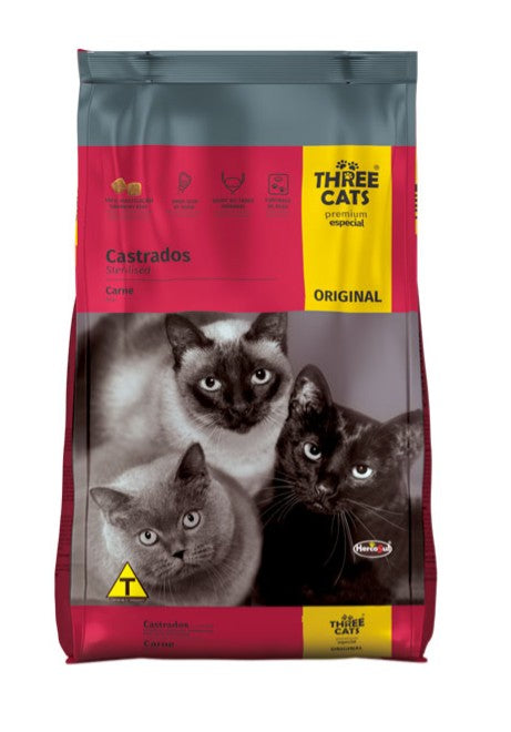 Bolsa de alimento Three Cats para gatos castrados.